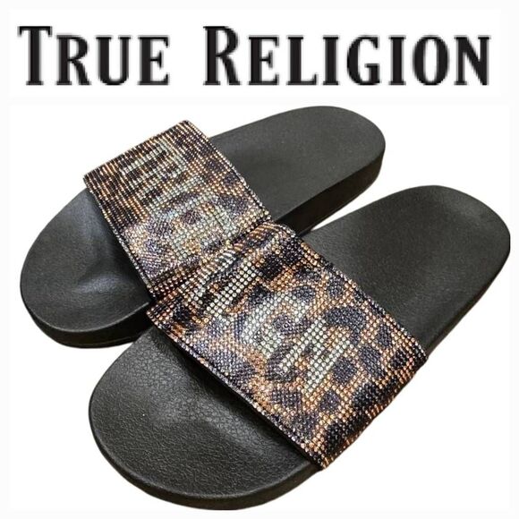 True Religion Rhinestone Logo Leopord Print Slide Sandals - Picture 1 of 5